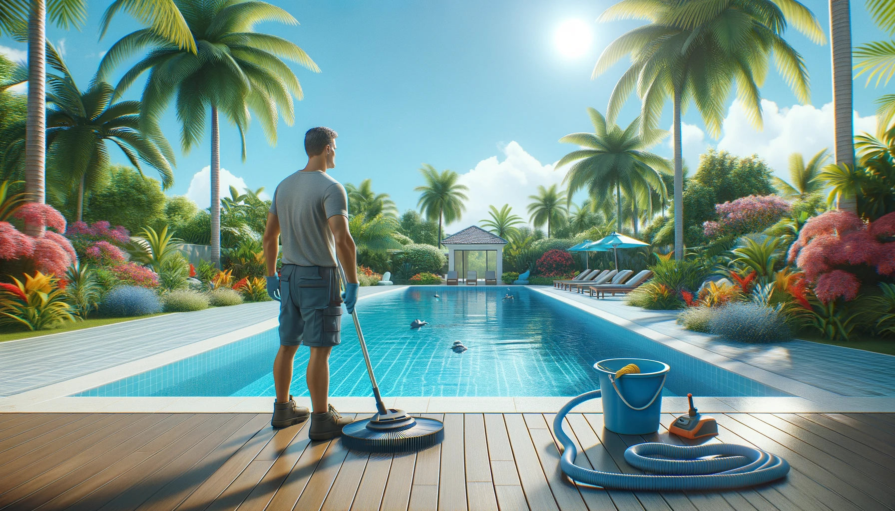 Un homme entretien parfaitement une piscine en Guadeloupe