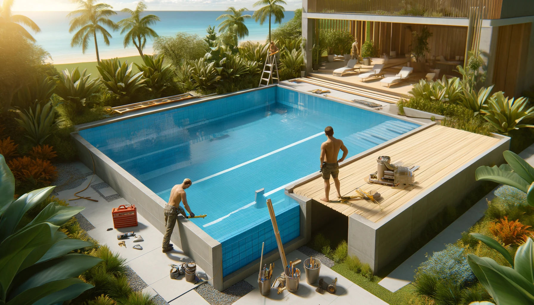 Construction d'une piscine en Guadeloupe, 2 hommes sur un chantier bien ranger.