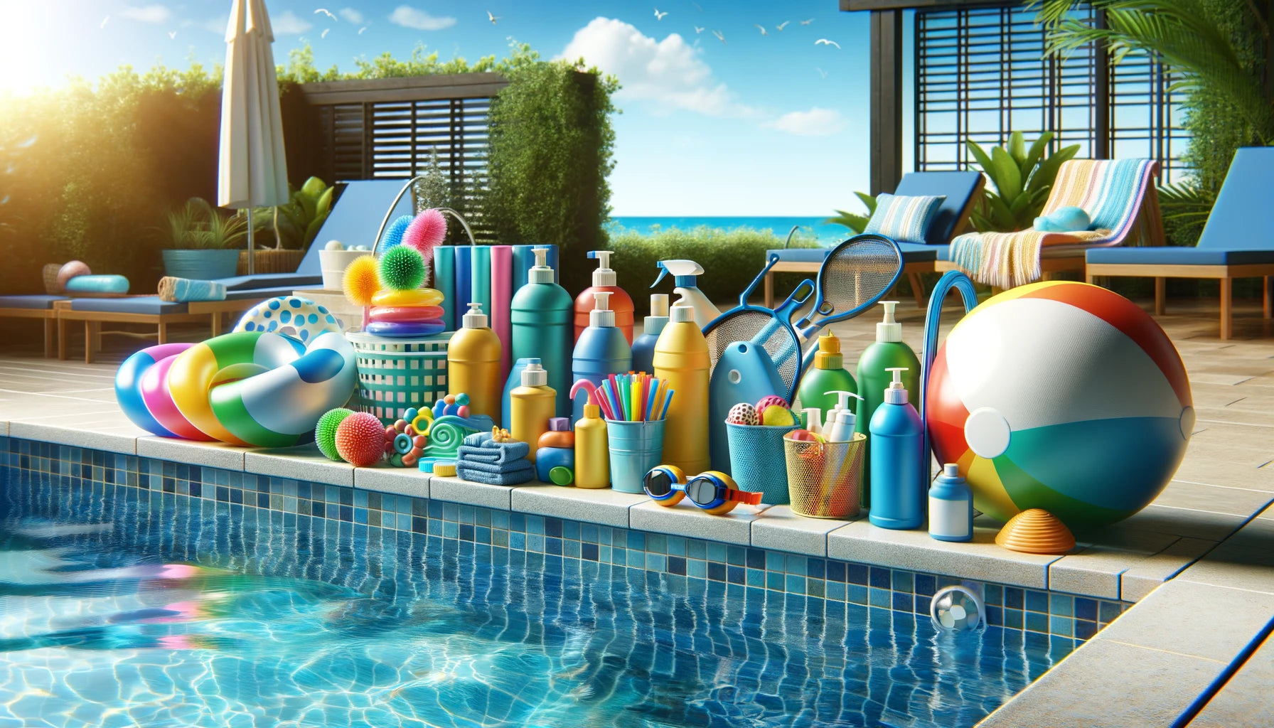 Tout les accessoires et produits pour piscine disposés a coté d'une piscine a l'eau cristalline