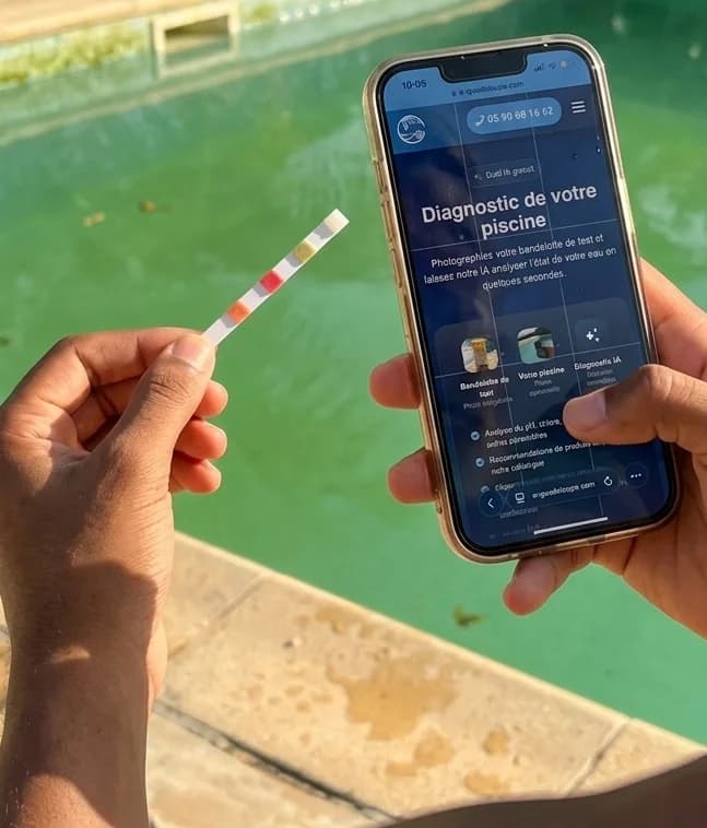 Diagnostic bandelette piscine par IA Koté Piscine Guadeloupe — analyse pH chlore alcalinité en 30 secondes