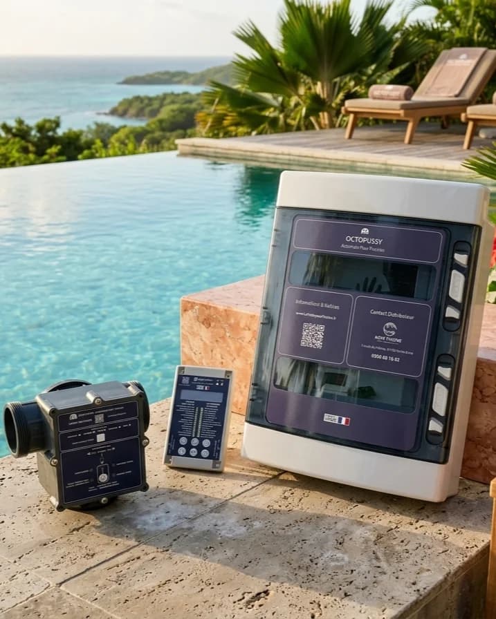 Centrale de commande et équipements du système Octopussy, nettoyage automatique de piscine béton en Guadeloupe par Koté Piscine